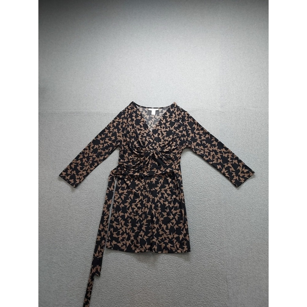 Motherhood Women Wrap Dress M Brown Animal Print V Neck Long Sleeve Party Casual